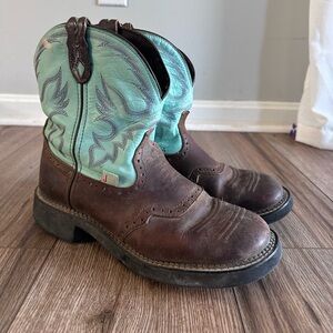Justin Boots Brown and Teal Heeled Boots. Women’s 10